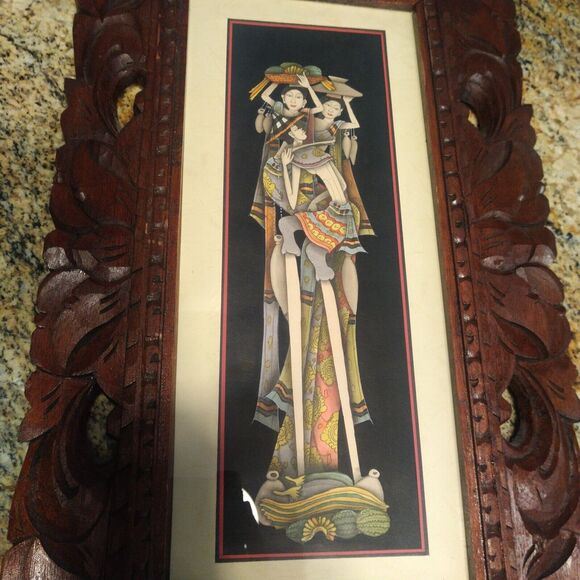 Bali Painting Drawing Carved Wood Frame Elongated People Fruit Nice! - Picture 1 of 12